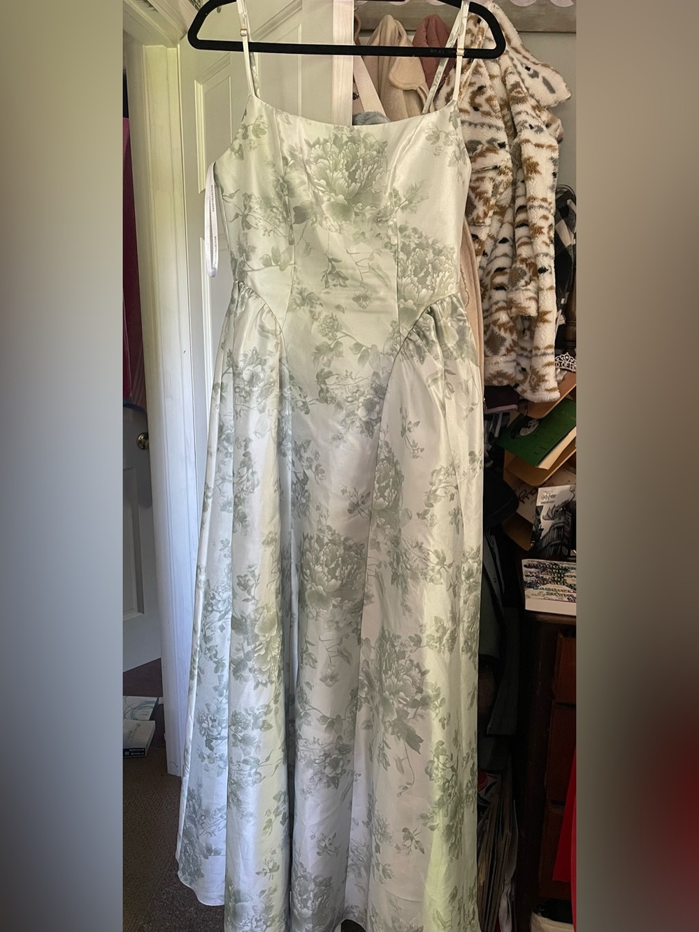 Dessy Collection Light Green Floral Satin Maxi Dress